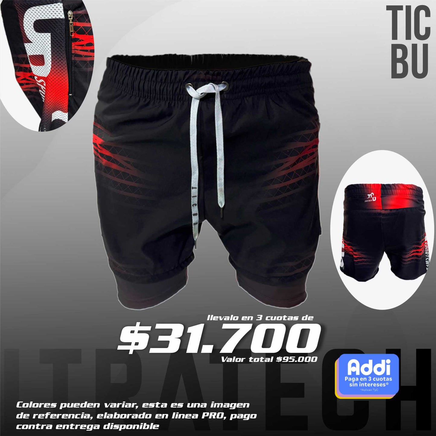 Pantaloneta Deportiva Negra - Rojo